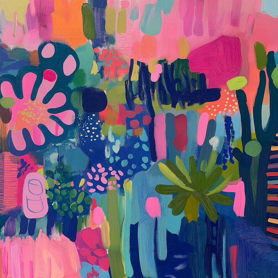 Kleurrijk schilderij van bloemen en planten Kleurrijk schilderij van bloemen en planten
