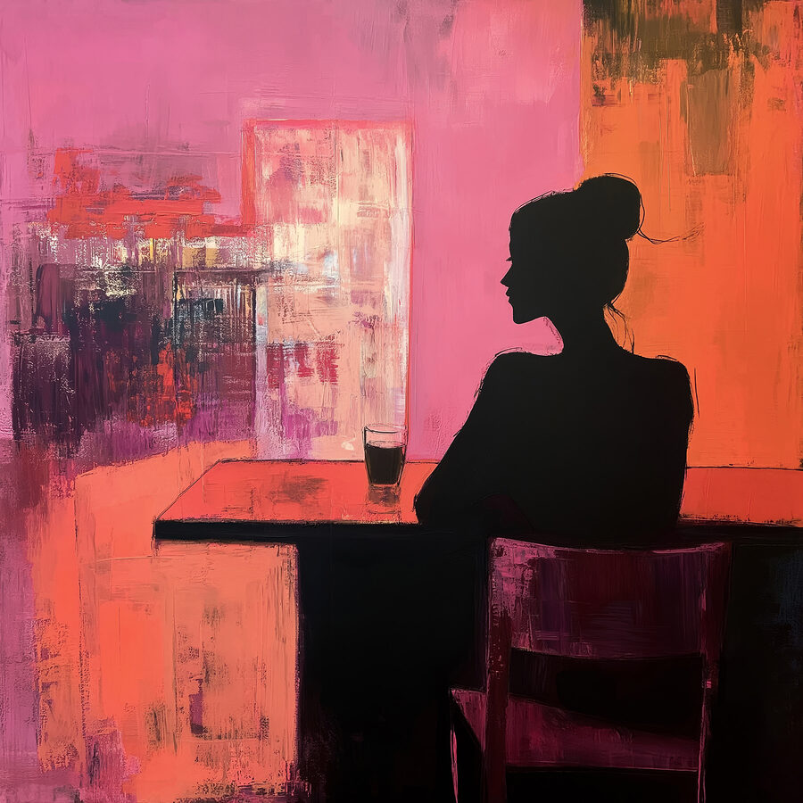 Schilderij van een vrouw zittend aan een tafel