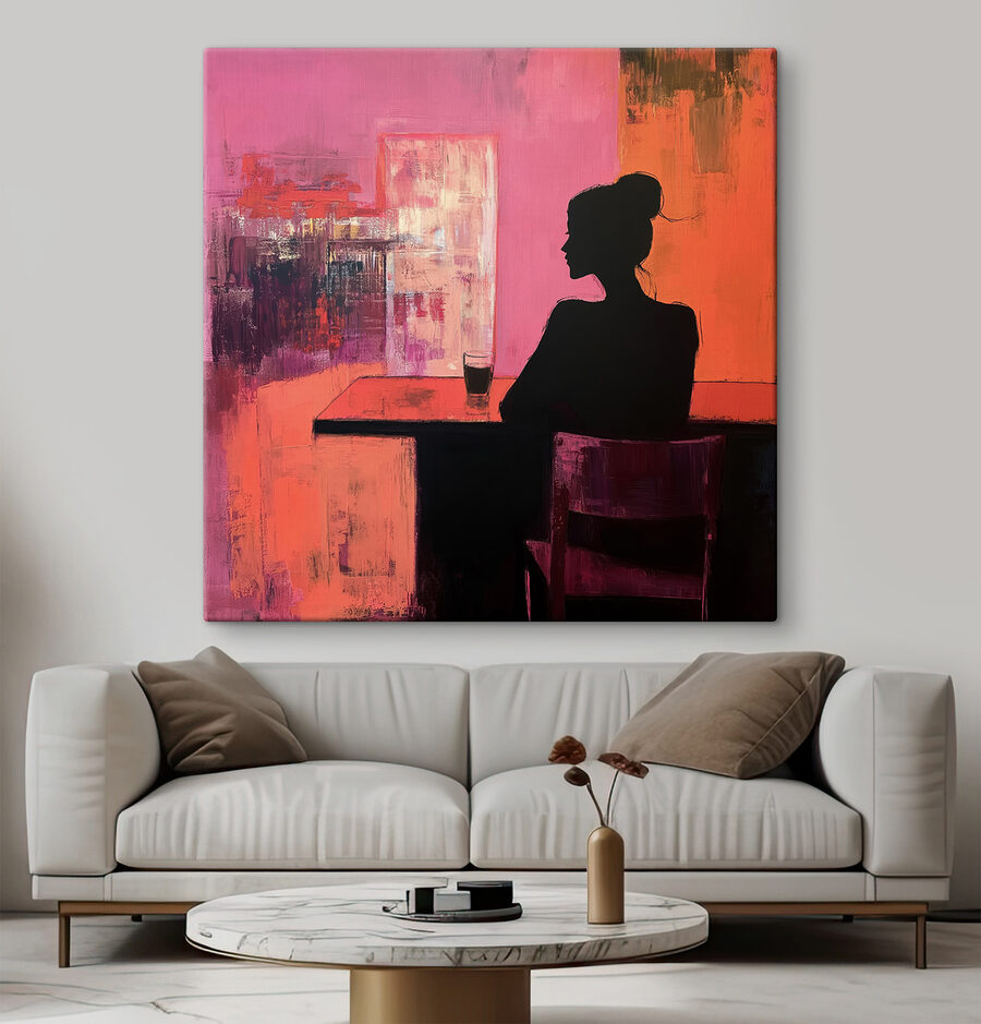 Schilderij van een vrouw zittend aan een tafel