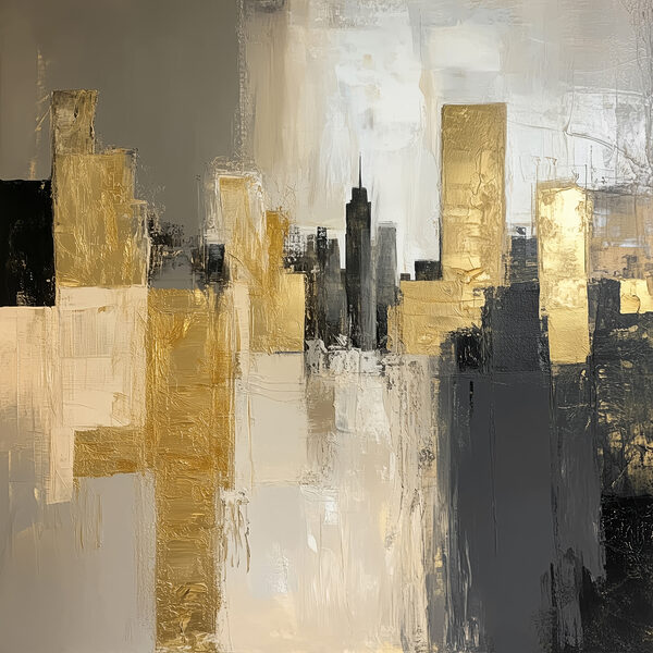 Schilderij van een skyline van een stad Schilderij van een skyline van een stad