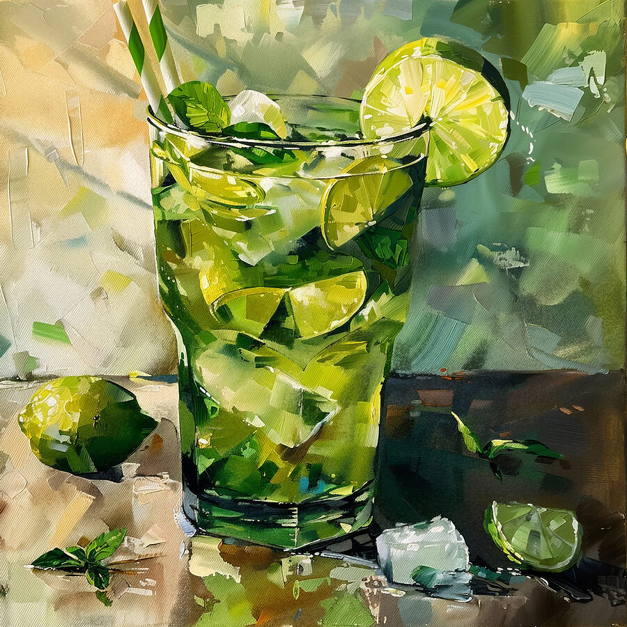 Schilderij van een drankje met limoenen en ijs
