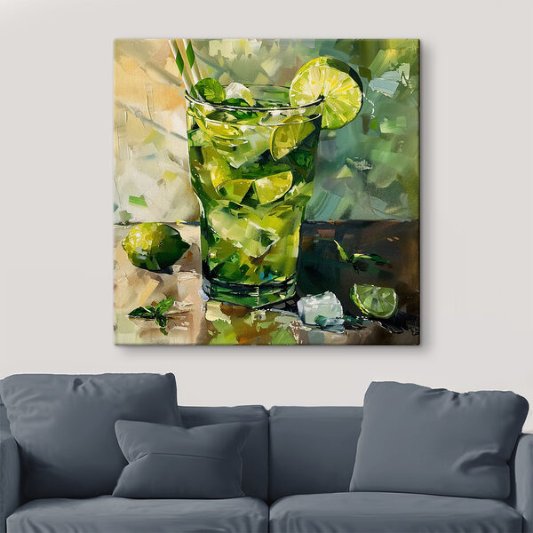 Schilderij van een drankje met limoenen en ijs Canvas Schilderijen Schilderij van een drankje met limoenen en ijs
