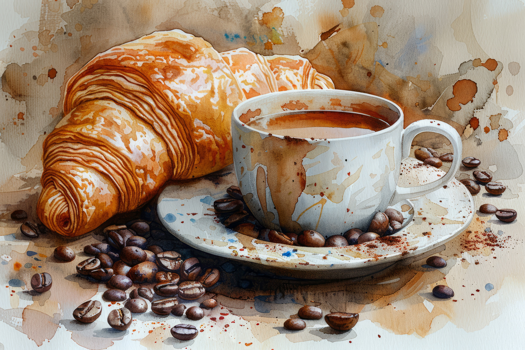 Watercolor of a cup of coffee and a croissant