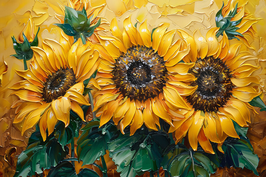 Close-up van een schilderij van zonnebloemen