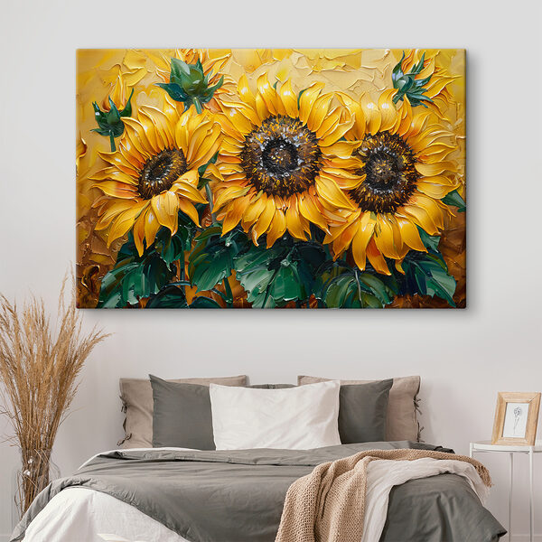Close-up van een schilderij van zonnebloemen Close-up van een schilderij van zonnebloemen