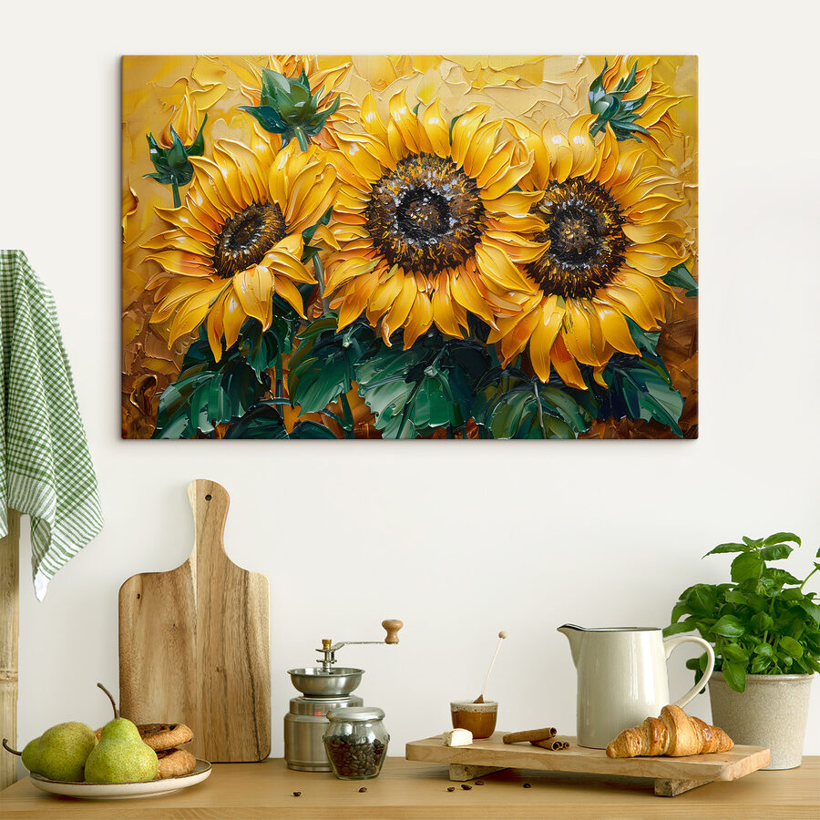 Close-up van een schilderij van zonnebloemen
