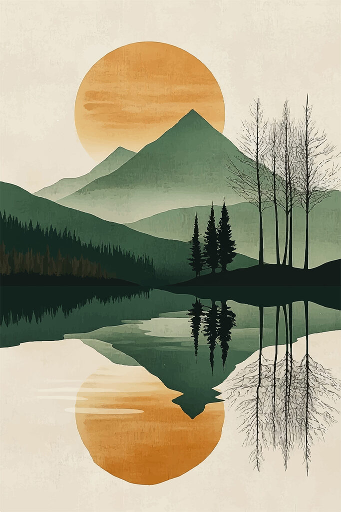 Landscape of mountains and trees and a lake Landscape of mountains and trees and a lake