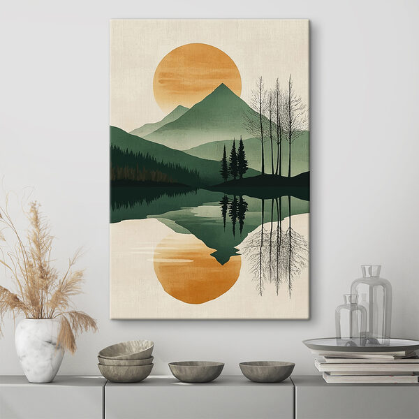 Landschap van bergen en bomen en een meer Landschap van bergen en bomen en een meer