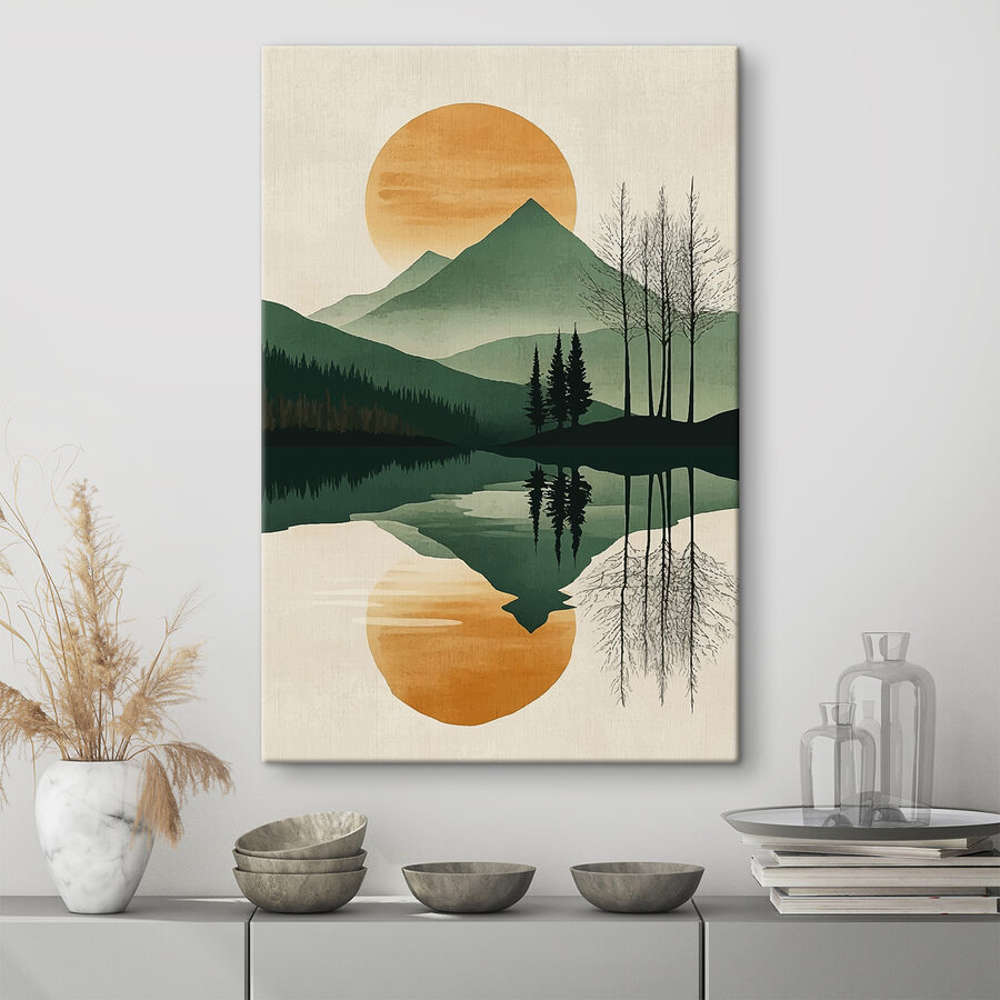 Landschap van bergen en bomen en een meer