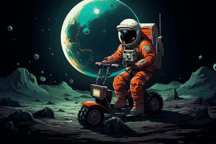 Een astronaut op een scooter op de maan
