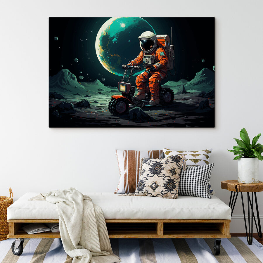 Een astronaut op een scooter op de maan