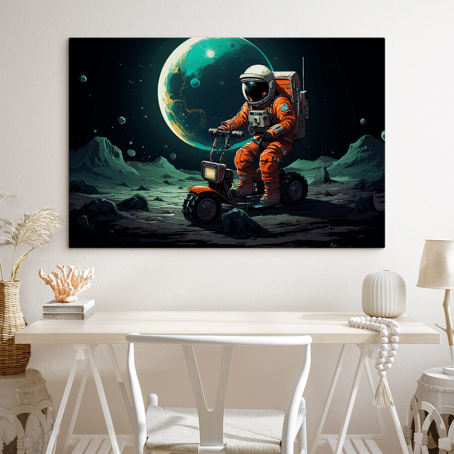 Een astronaut op een scooter op de maan