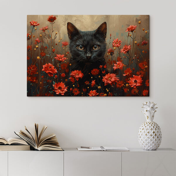 Canvas Schilderijen Canvas Schilderijen Zwarte kat in een veld met rode bloemen (Artikelnummer: s40839)