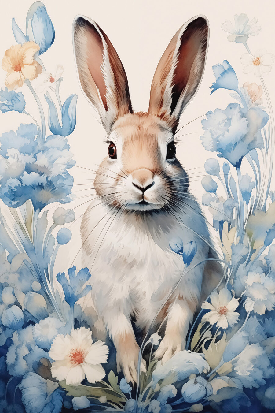 Schilderij van een konijn omringd door bloemen