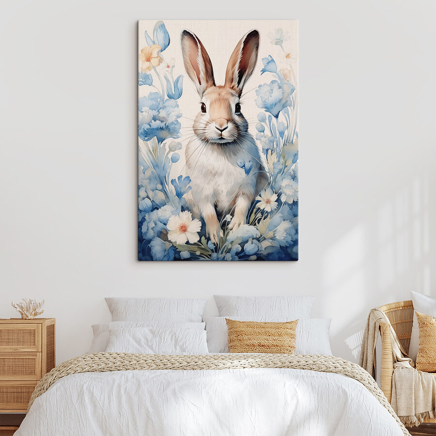 Schilderij van een konijn omringd door bloemen