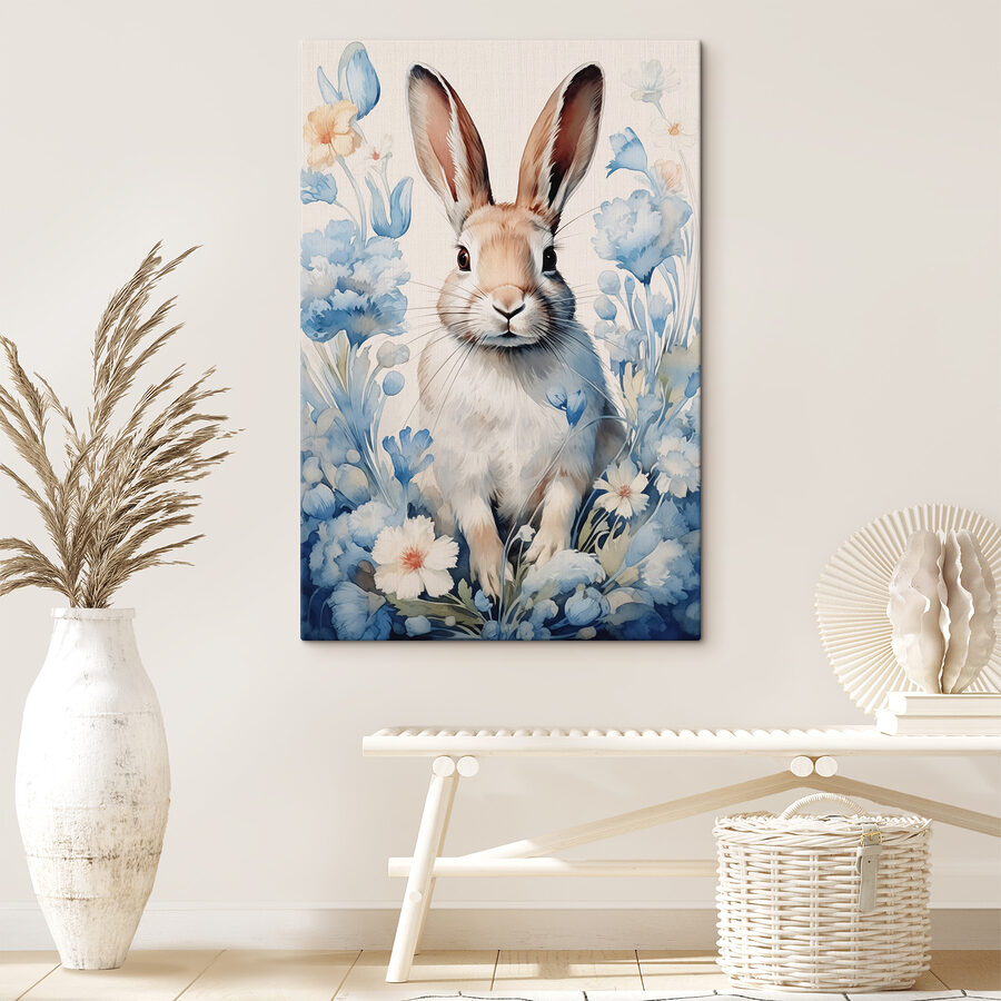 Schilderij van een konijn omringd door bloemen