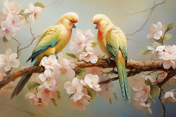 Twee vogels op een tak met bloemen Twee vogels op een tak met bloemen