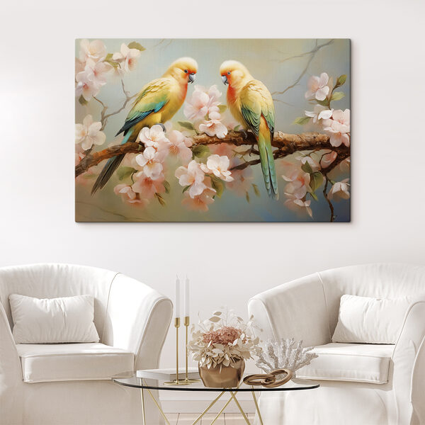Twee vogels op een tak met bloemen Twee vogels op een tak met bloemen