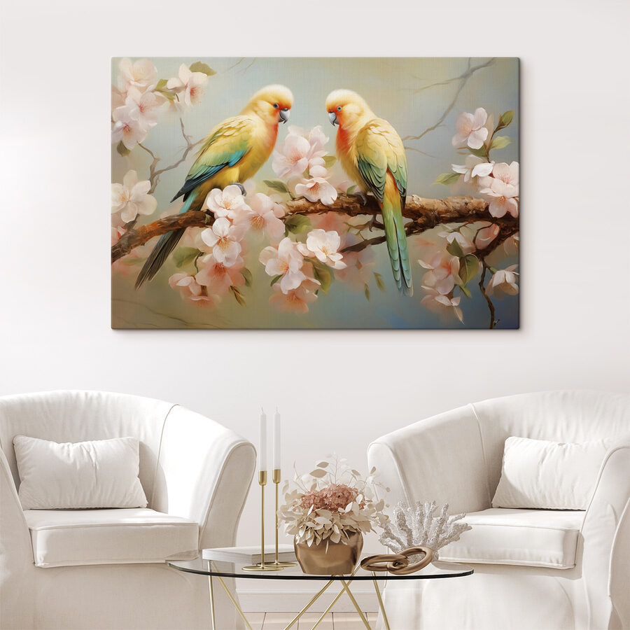 Twee vogels op een tak met bloemen Twee vogels op een tak met bloemen