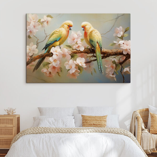 Twee vogels op een tak met bloemen Twee vogels op een tak met bloemen