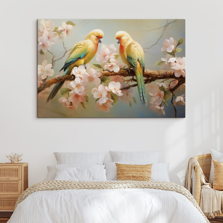 Twee vogels op een tak met bloemen Twee vogels op een tak met bloemen