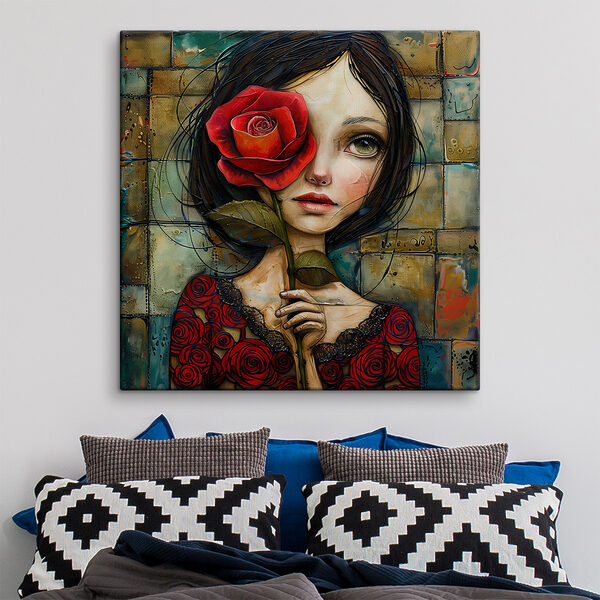 Schilderij van een meisje met een roos Schilderij van een meisje met een roos