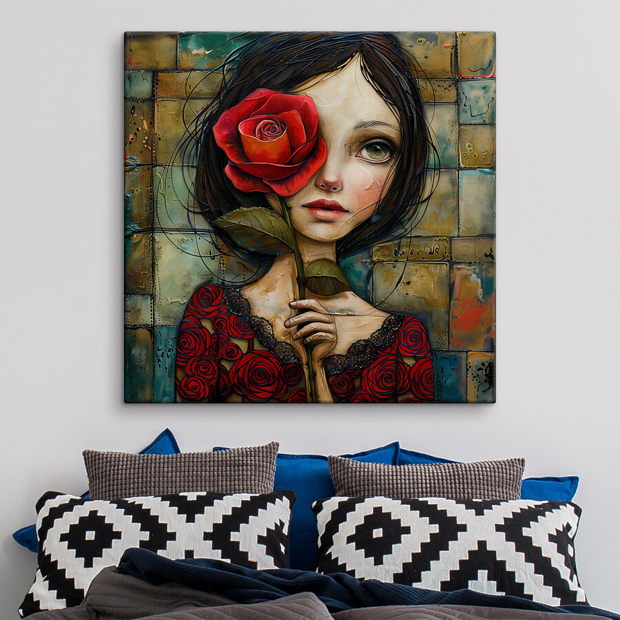 Schilderij van een meisje met een roos
