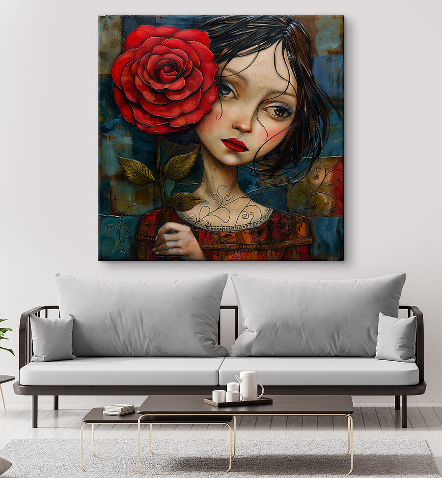 Schilderij van een meisje met een roos