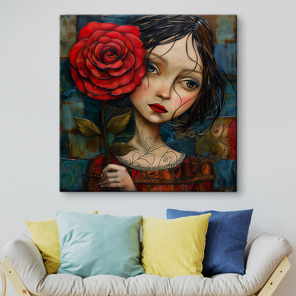 Schilderij van een meisje met een roos Schilderij van een meisje met een roos