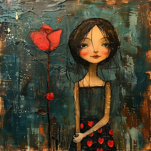 Schilderij van een meisje met een bloem Schilderij van een meisje met een bloem