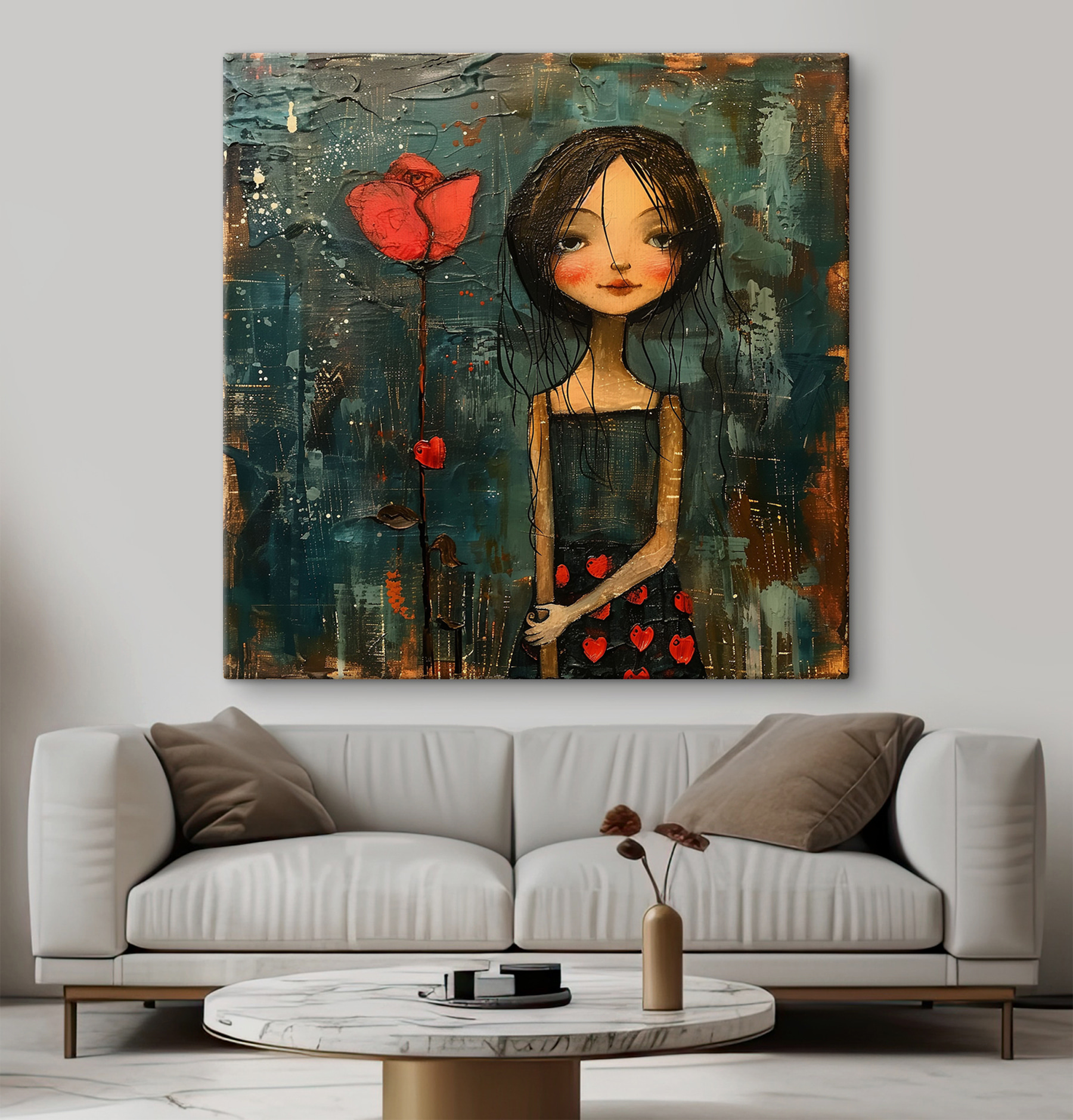 Painting of a girl holding a flower