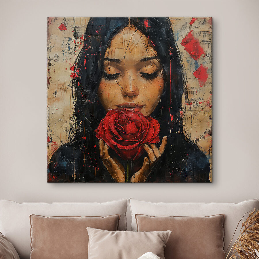 Schilderij van een vrouw met een rode roos