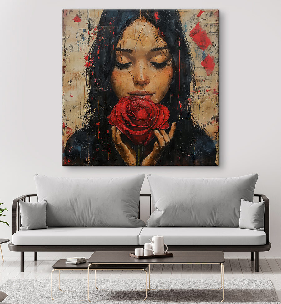 Schilderij van een vrouw met een rode roos