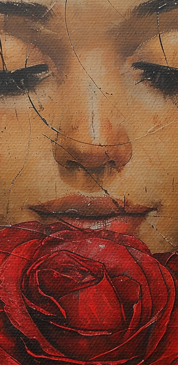 Schilderij van een vrouw met een rode roos Schilderij van een vrouw met een rode roos