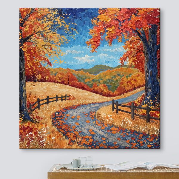 Schilderij van een weg met bomen en een hek Schilderij van een weg met bomen en een hek