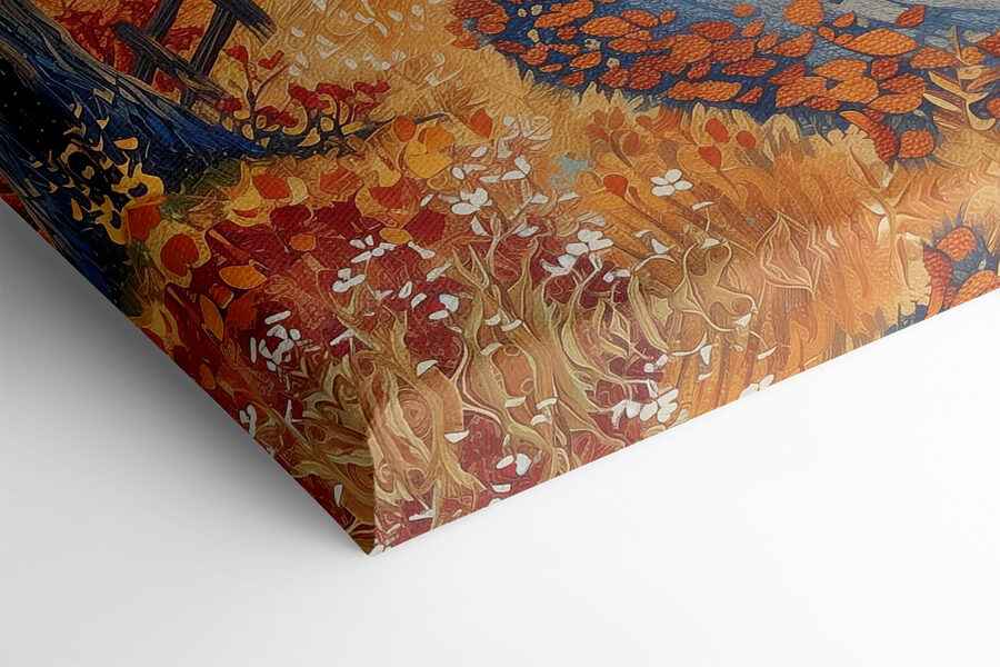 Schilderij van een weg met bomen en een hek