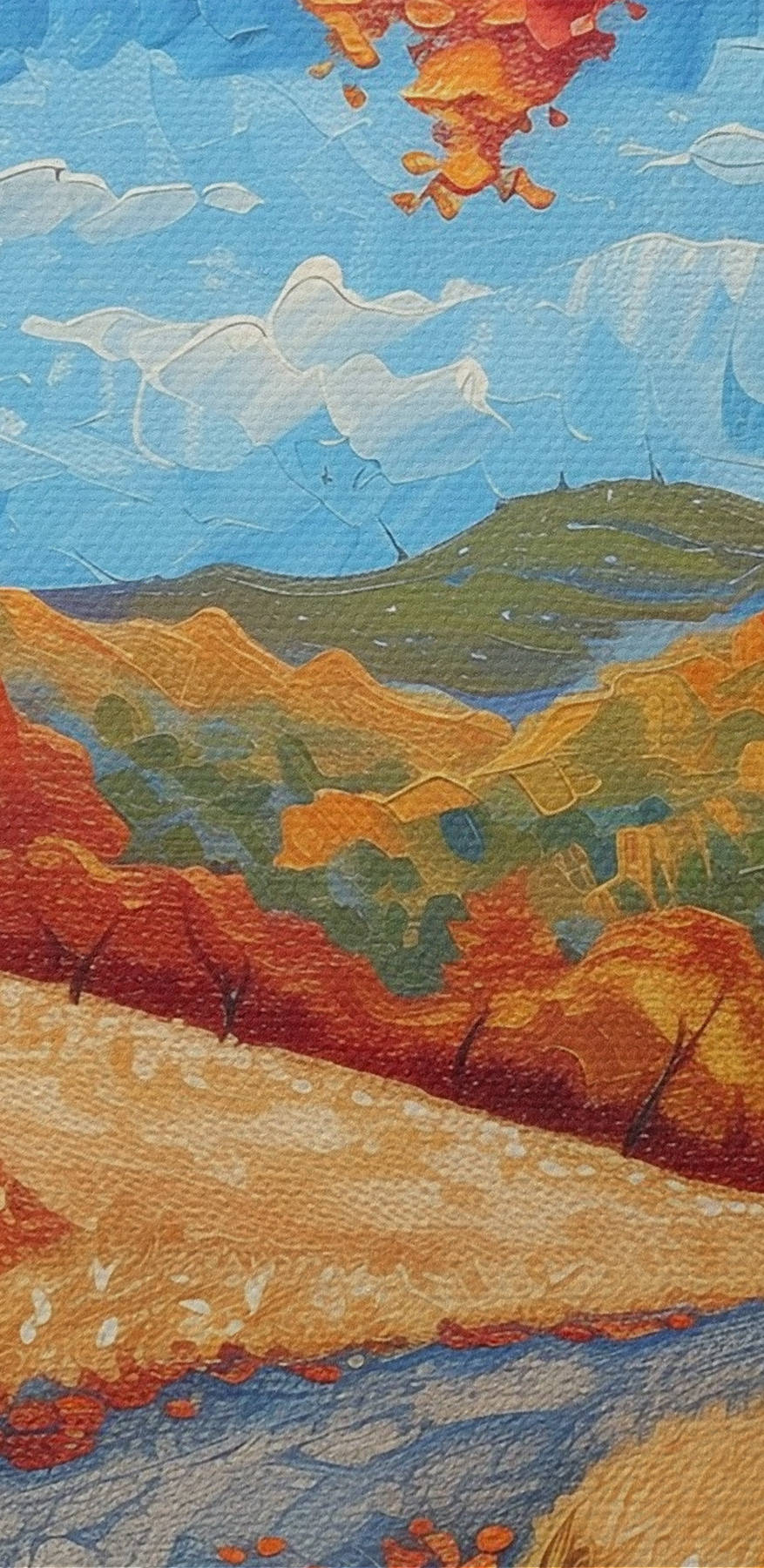Schilderij van een weg met bomen en een hek