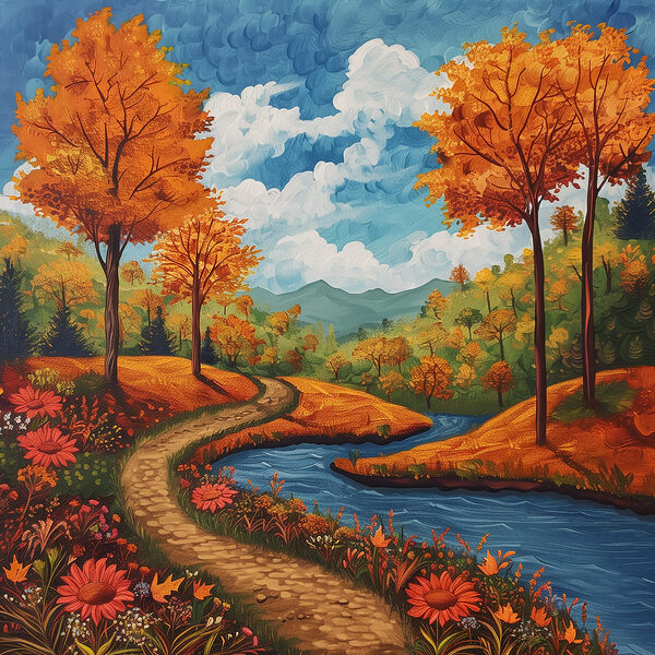 Schilderij van een rivier die door een bos stroomt Schilderij van een rivier die door een bos stroomt