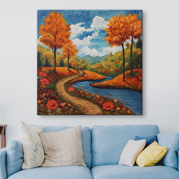 Schilderij van een rivier die door een bos stroomt Schilderij van een rivier die door een bos stroomt