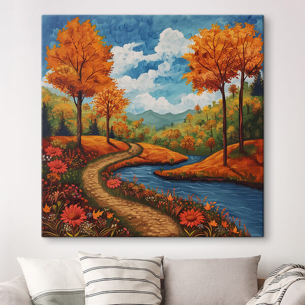 Schilderij van een rivier die door een bos stroomt Schilderij van een rivier die door een bos stroomt
