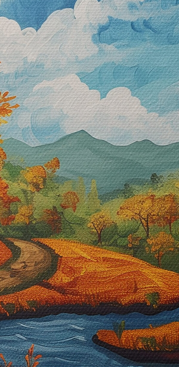 Schilderij van een rivier die door een bos stroomt Schilderij van een rivier die door een bos stroomt