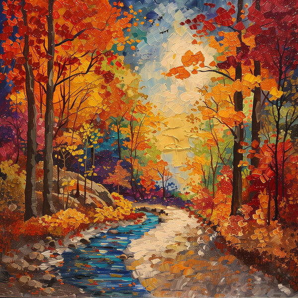 Schilderij van een rivier die door een bos stroomt Schilderij van een rivier die door een bos stroomt