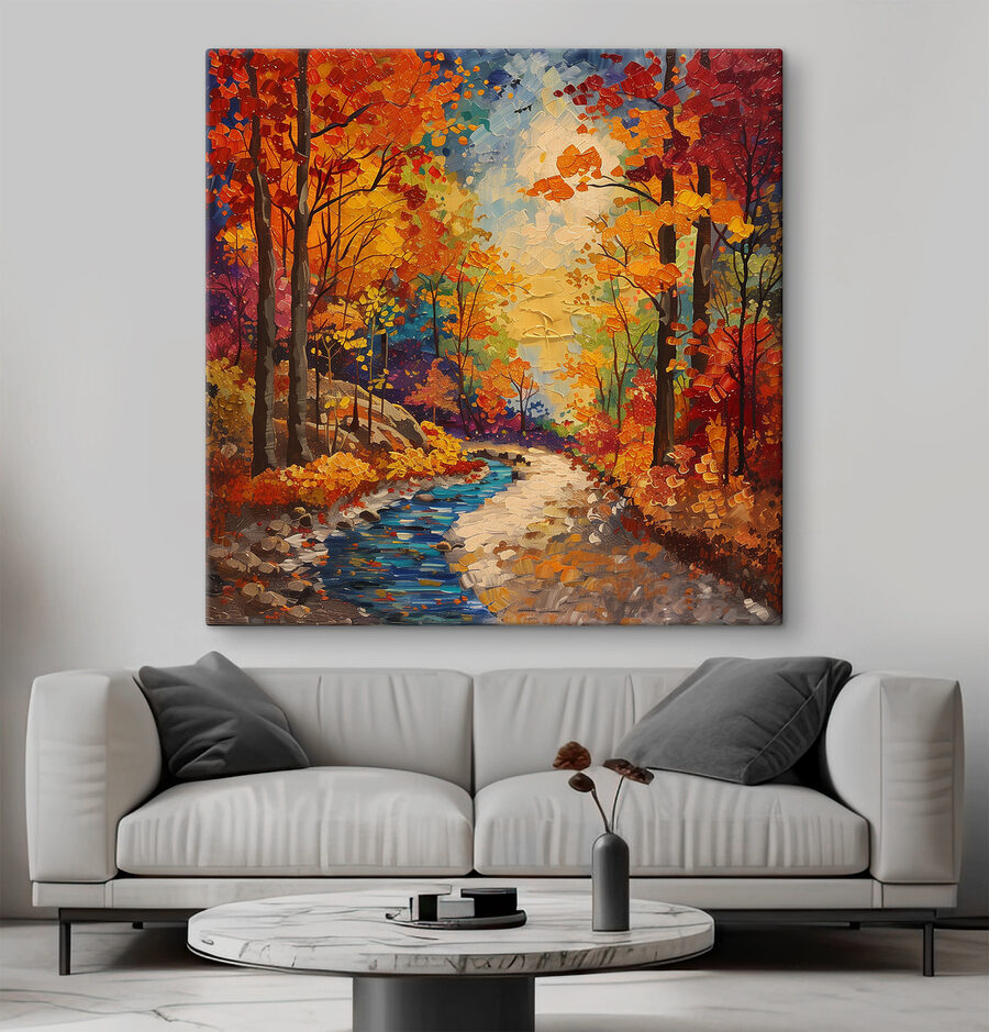 Schilderij van een rivier die door een bos stroomt