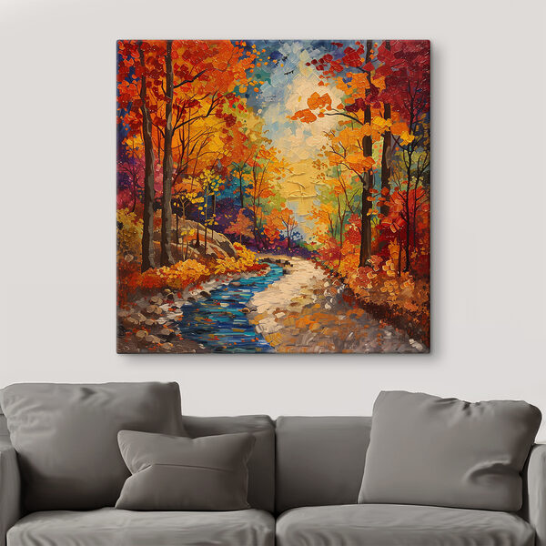 Schilderij van een rivier die door een bos stroomt Schilderij van een rivier die door een bos stroomt