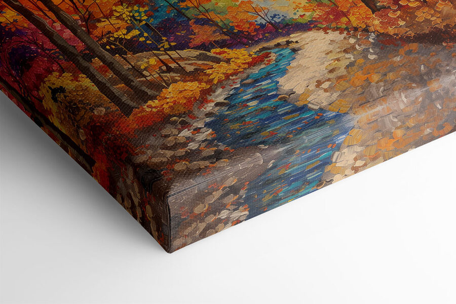 Schilderij van een rivier die door een bos stroomt