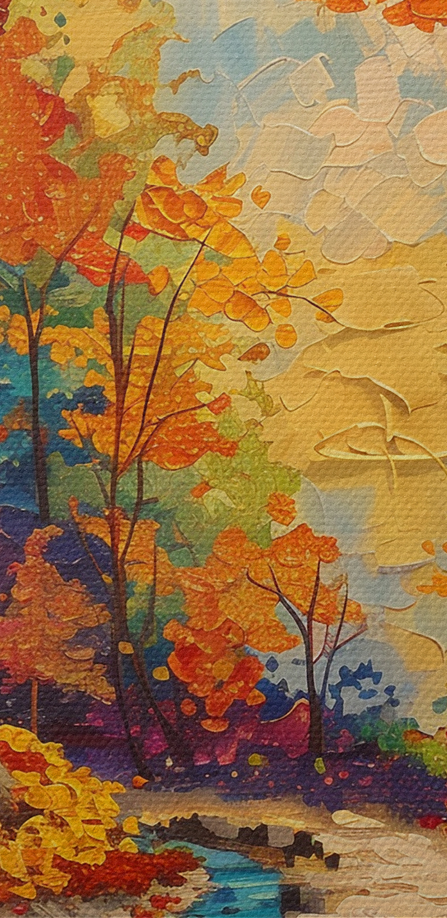 Schilderij van een rivier die door een bos stroomt
