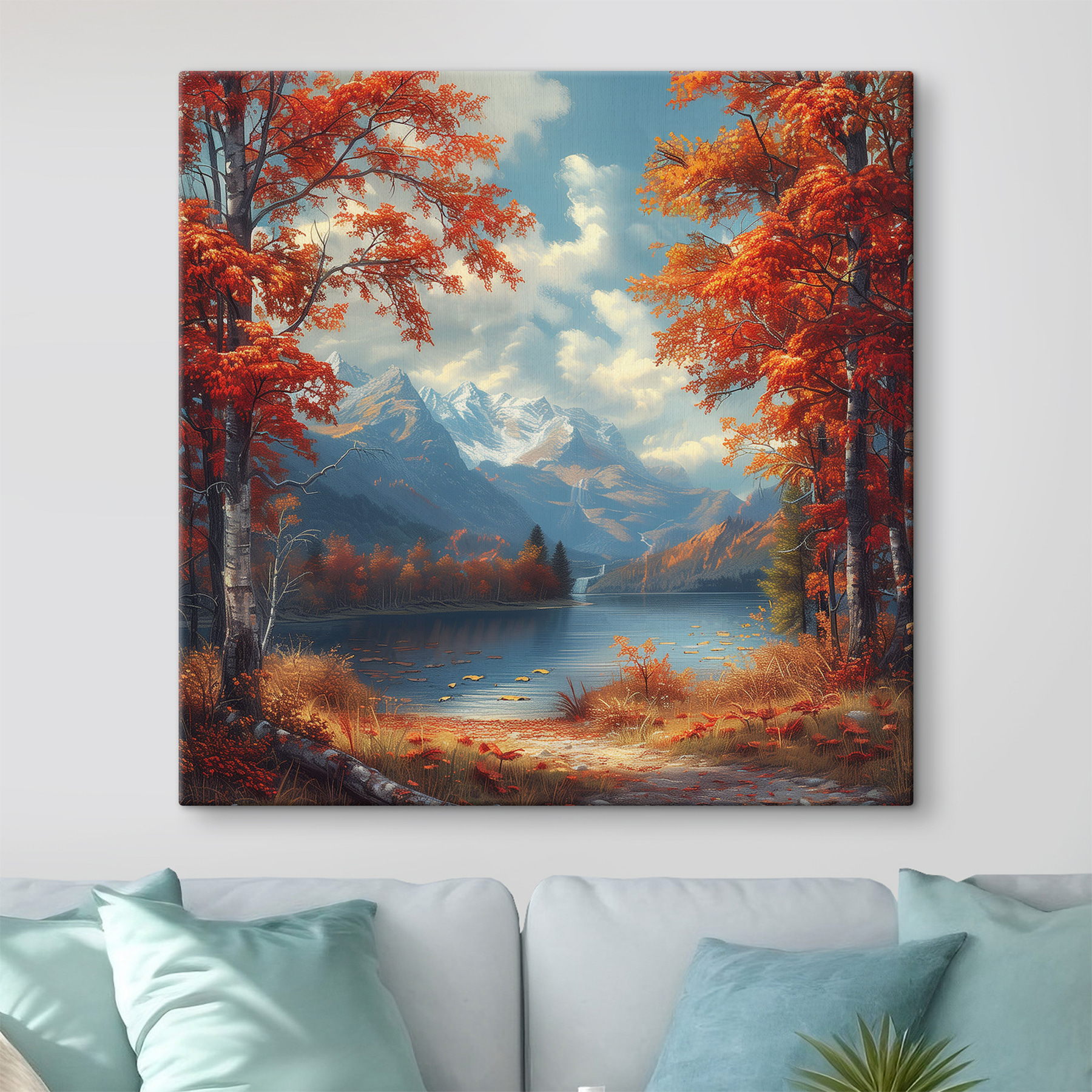 Lake with orange leaves and mountains in the background