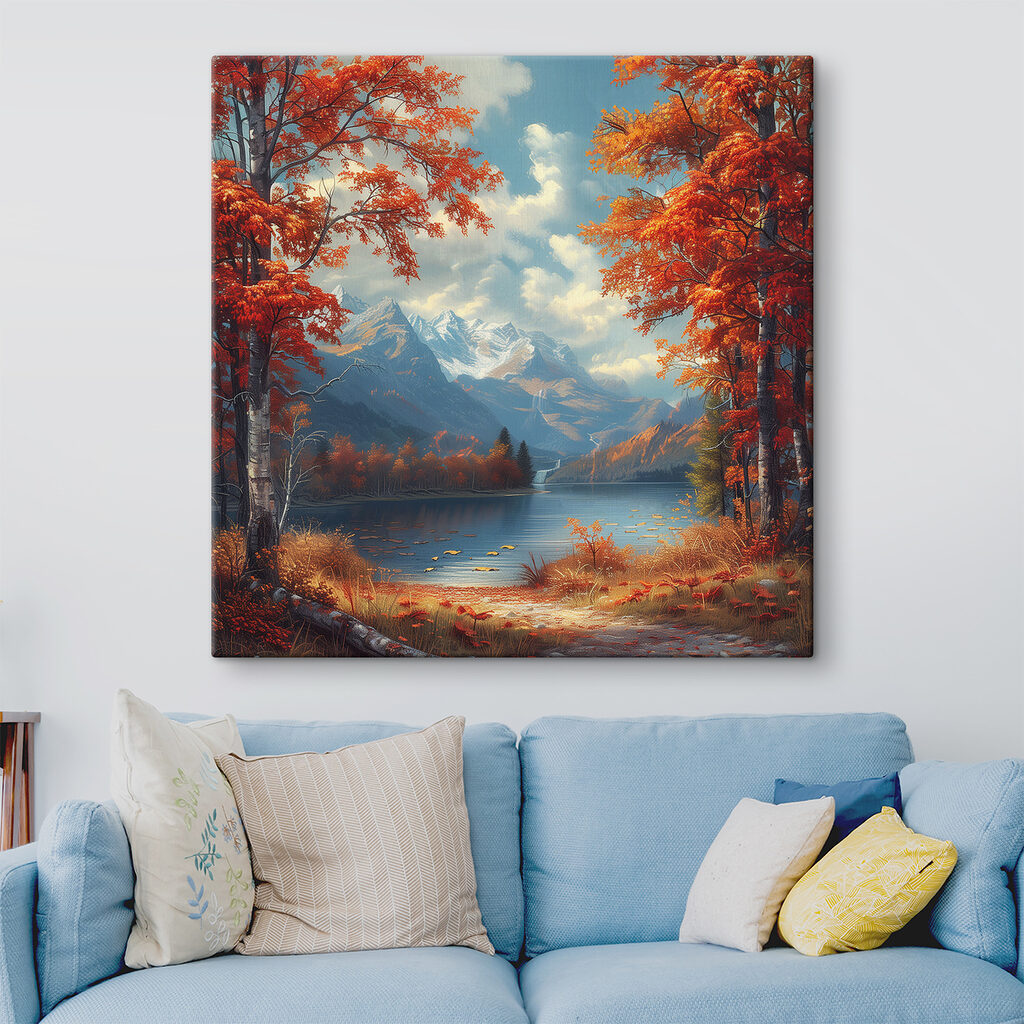 Lake with orange leaves and mountains in the background