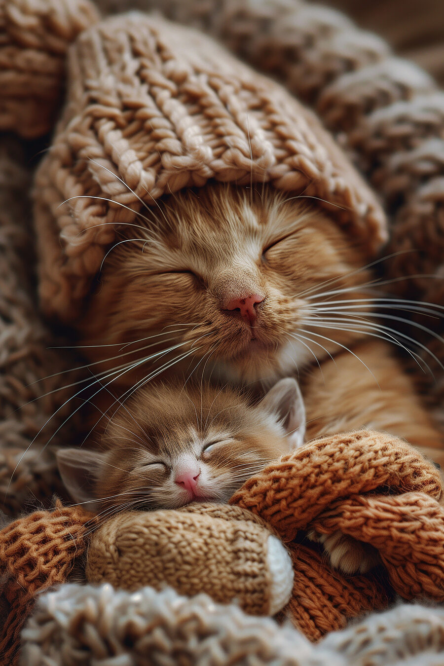 Kat en kitten in gebreide mutsen