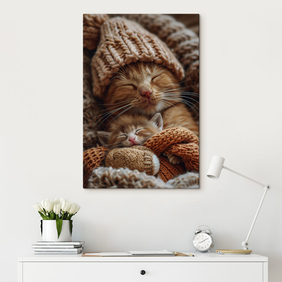 Kat en kitten in gebreide mutsen